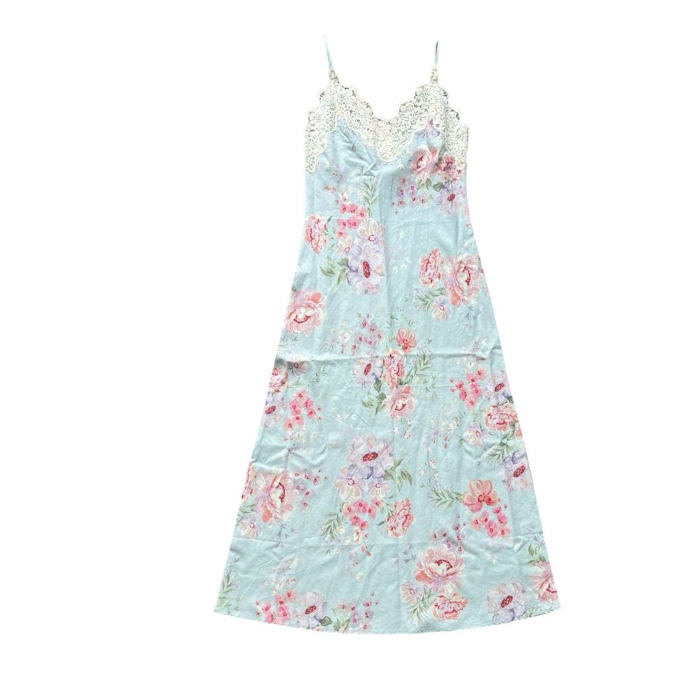 Caroline Constas Linen Blend Floral Maxi Slip Dress Size M Lace Trim Bias Resort - Picture 11 of 13